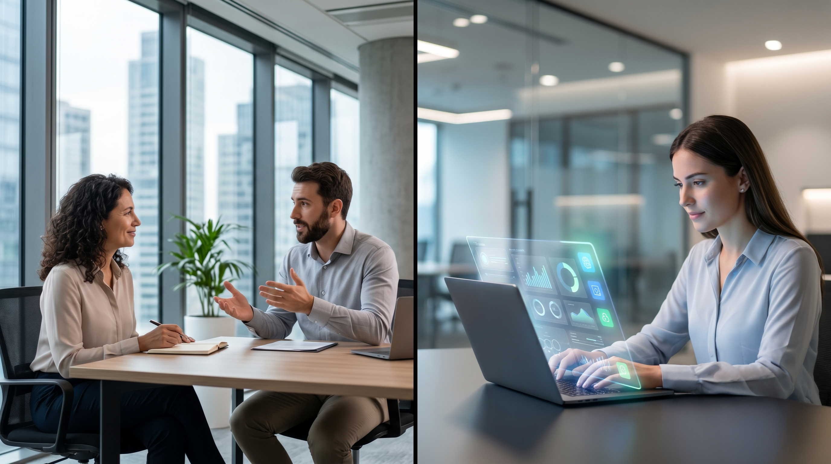 Side-by-side comparison of AI coaching on a laptop and human coaching in a meeting