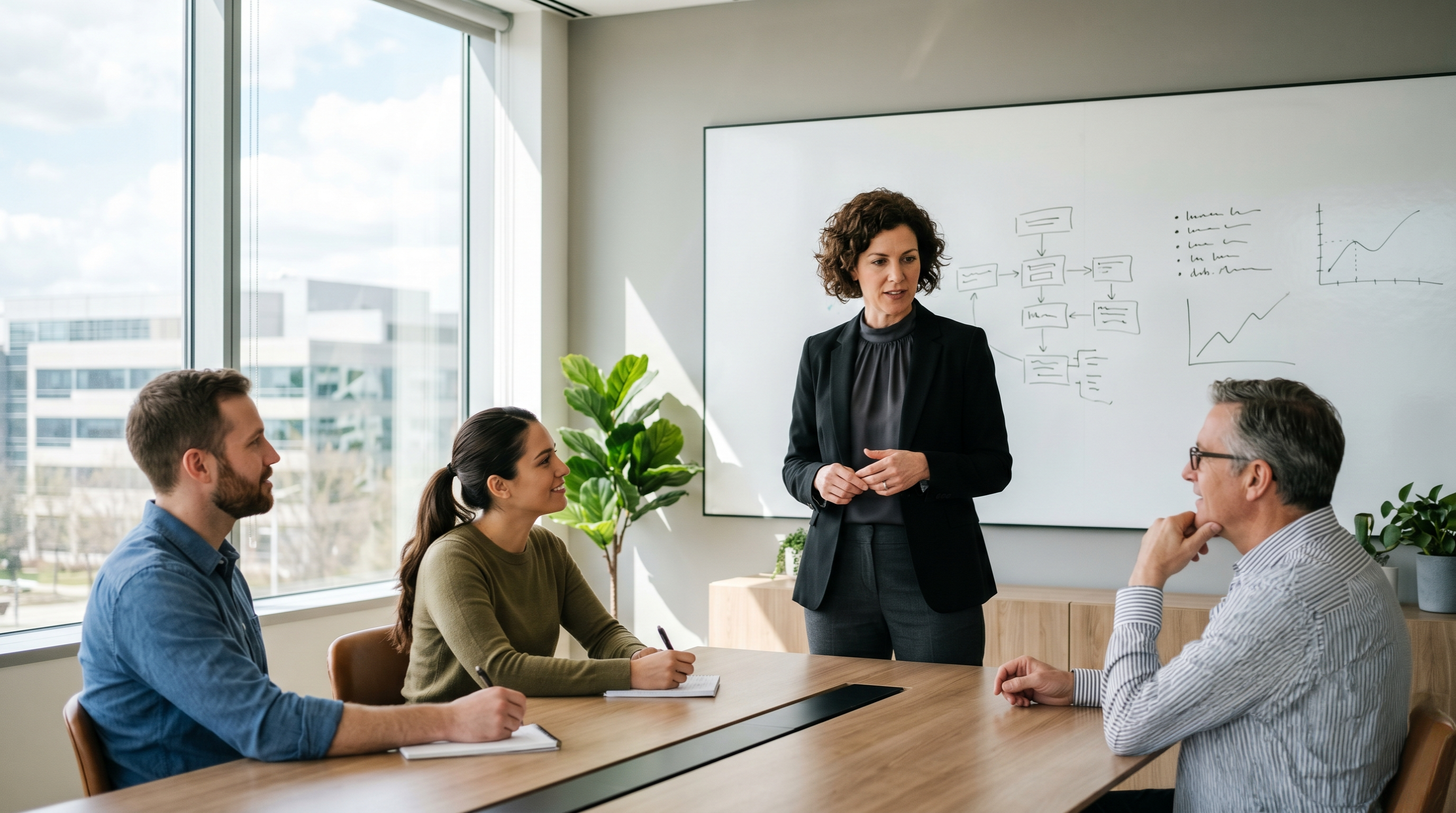 Manager leading a serious but constructive team discussion in a modern office