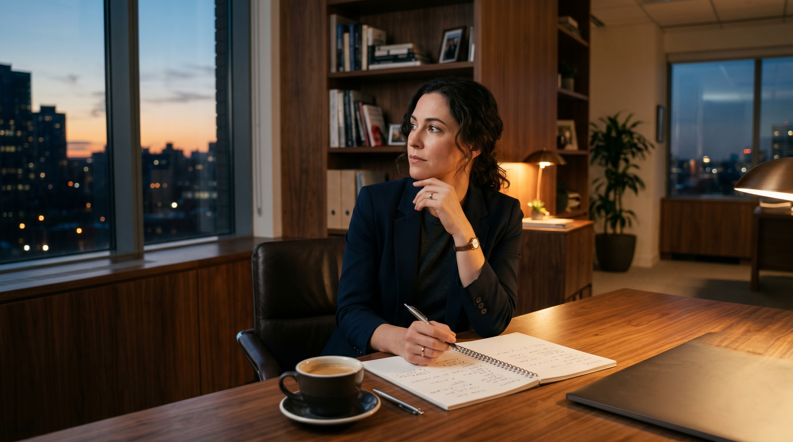 Middle manager reflecting alone at a desk with a notebook, thinking about leadership development