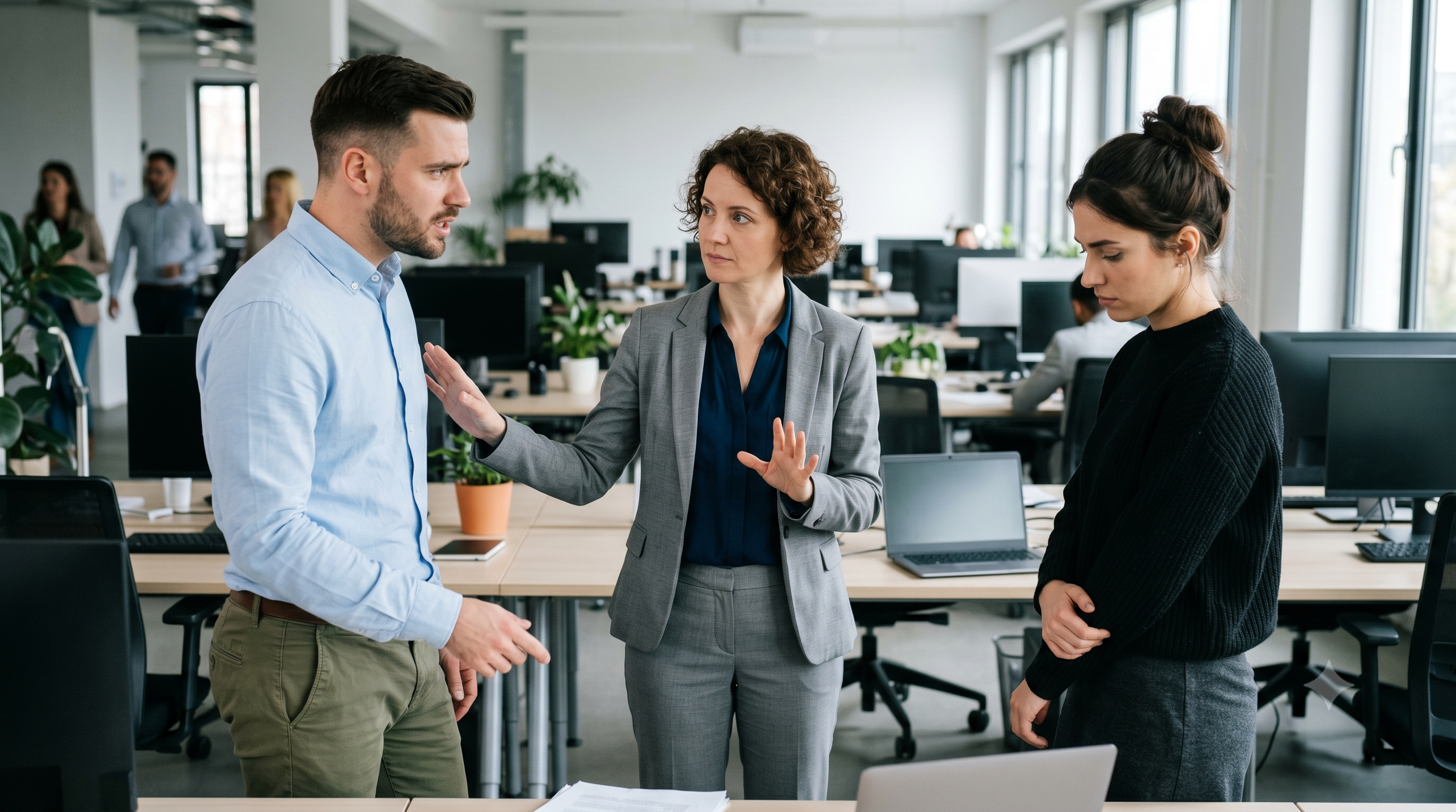 Manager mediating a professional disagreement between two team members in an open office