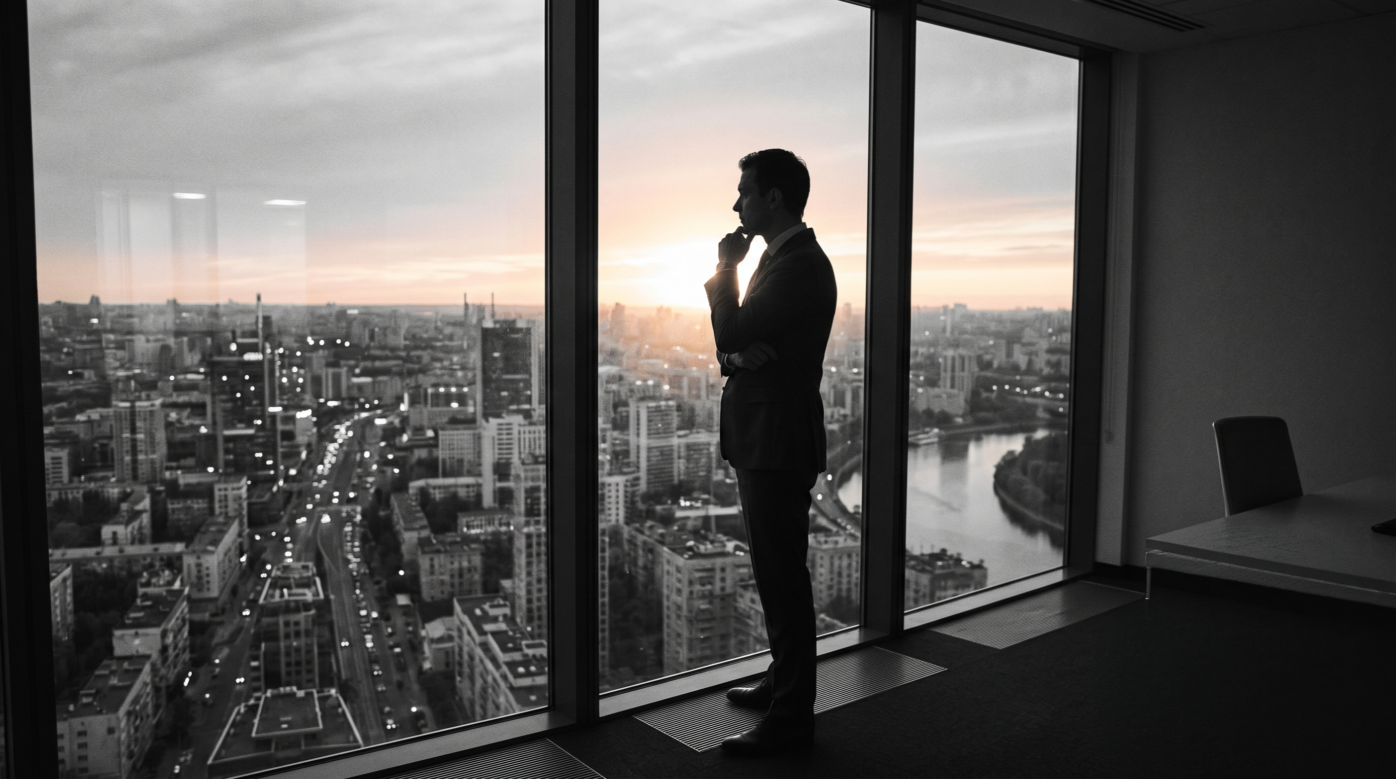 Leader standing at a high-rise window making a high-stakes leadership decision