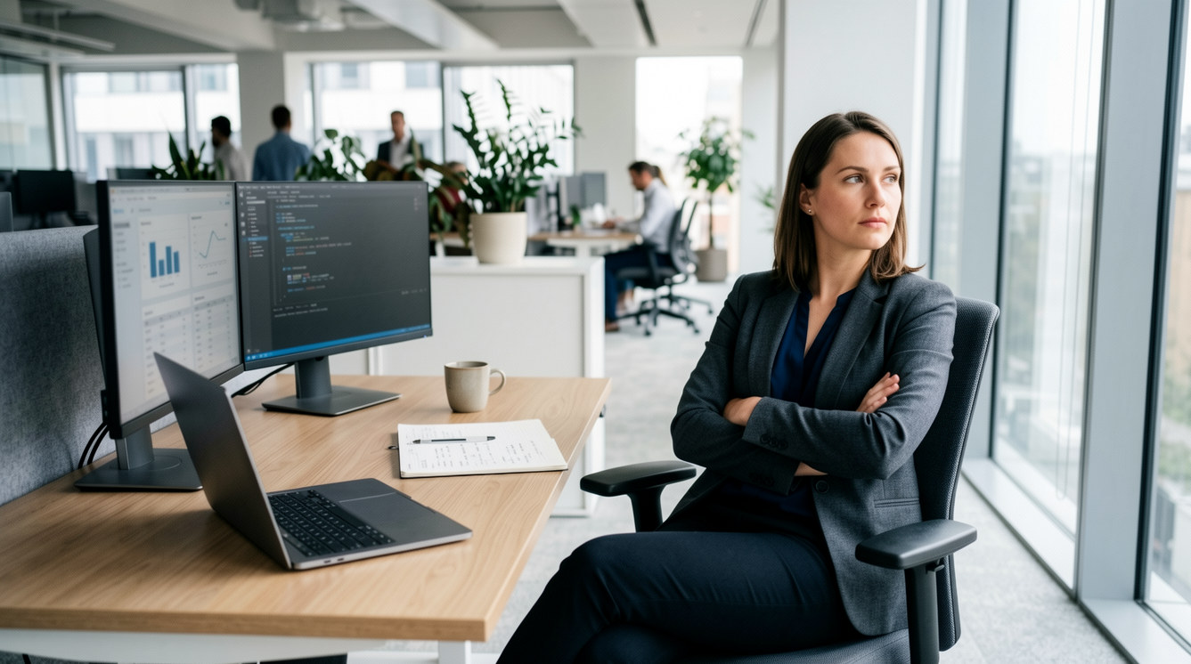 Disengaged high performer sitting back from their desk in a bright modern office
