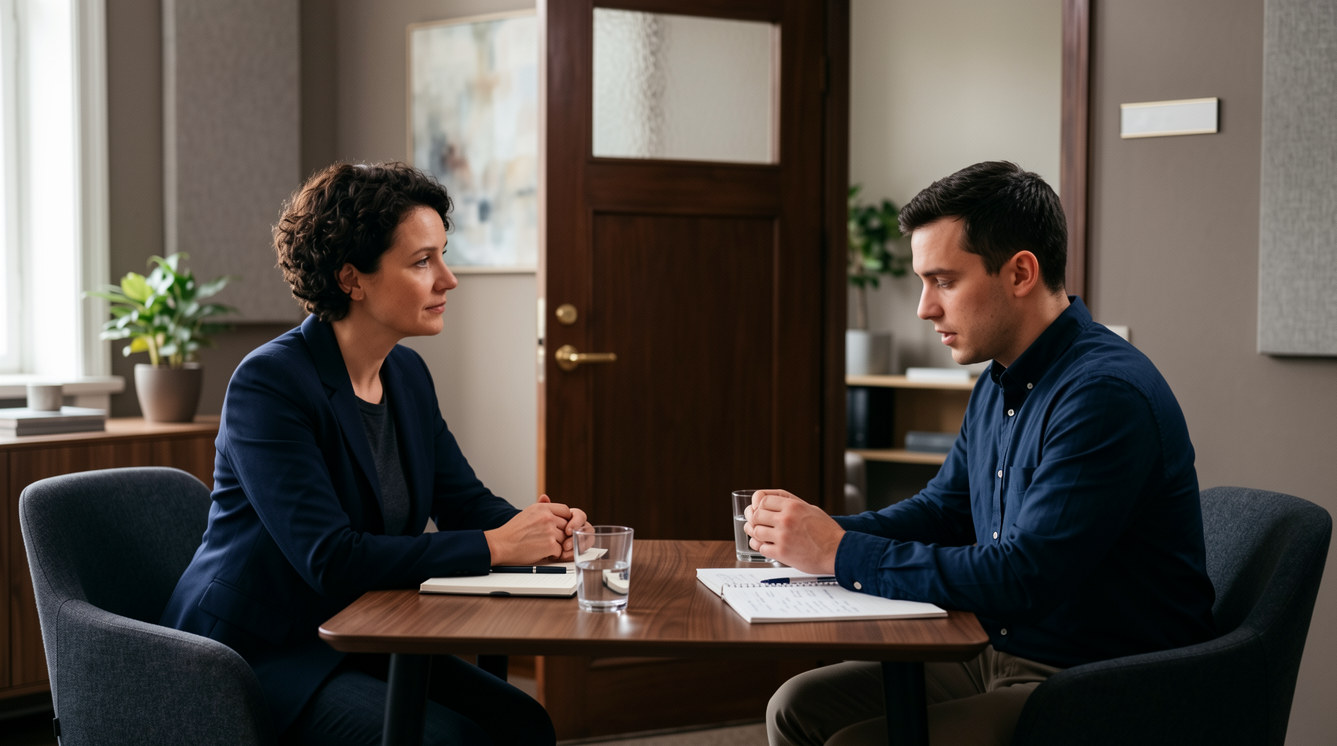 Manager and employee in a private meeting room having a difficult redundancy conversation