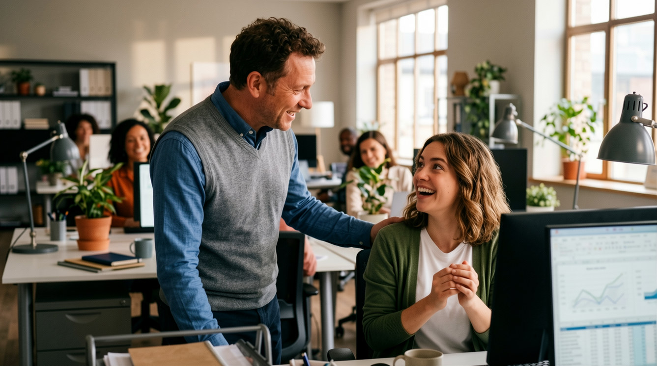 Manager giving specific, genuine praise to a team member in an energetic office setting