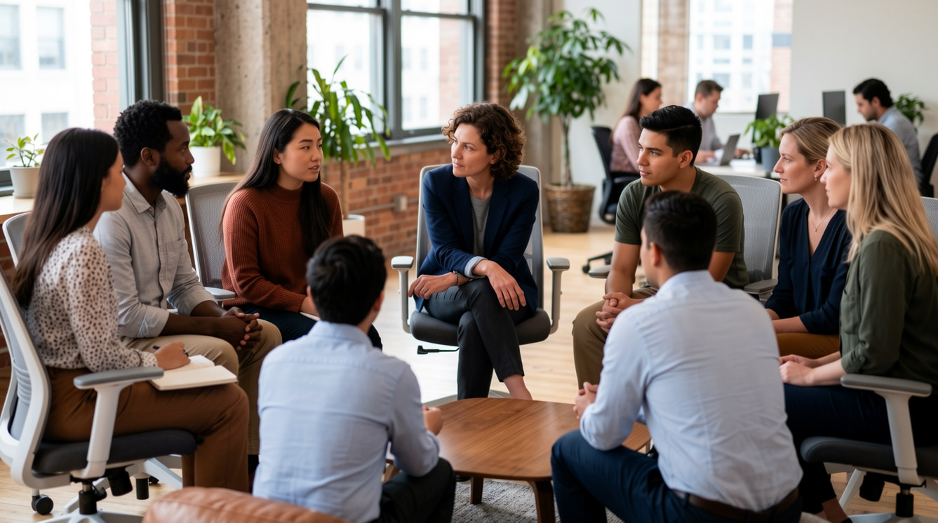 Manager sitting in a circle with their team, listening and rebuilding trust