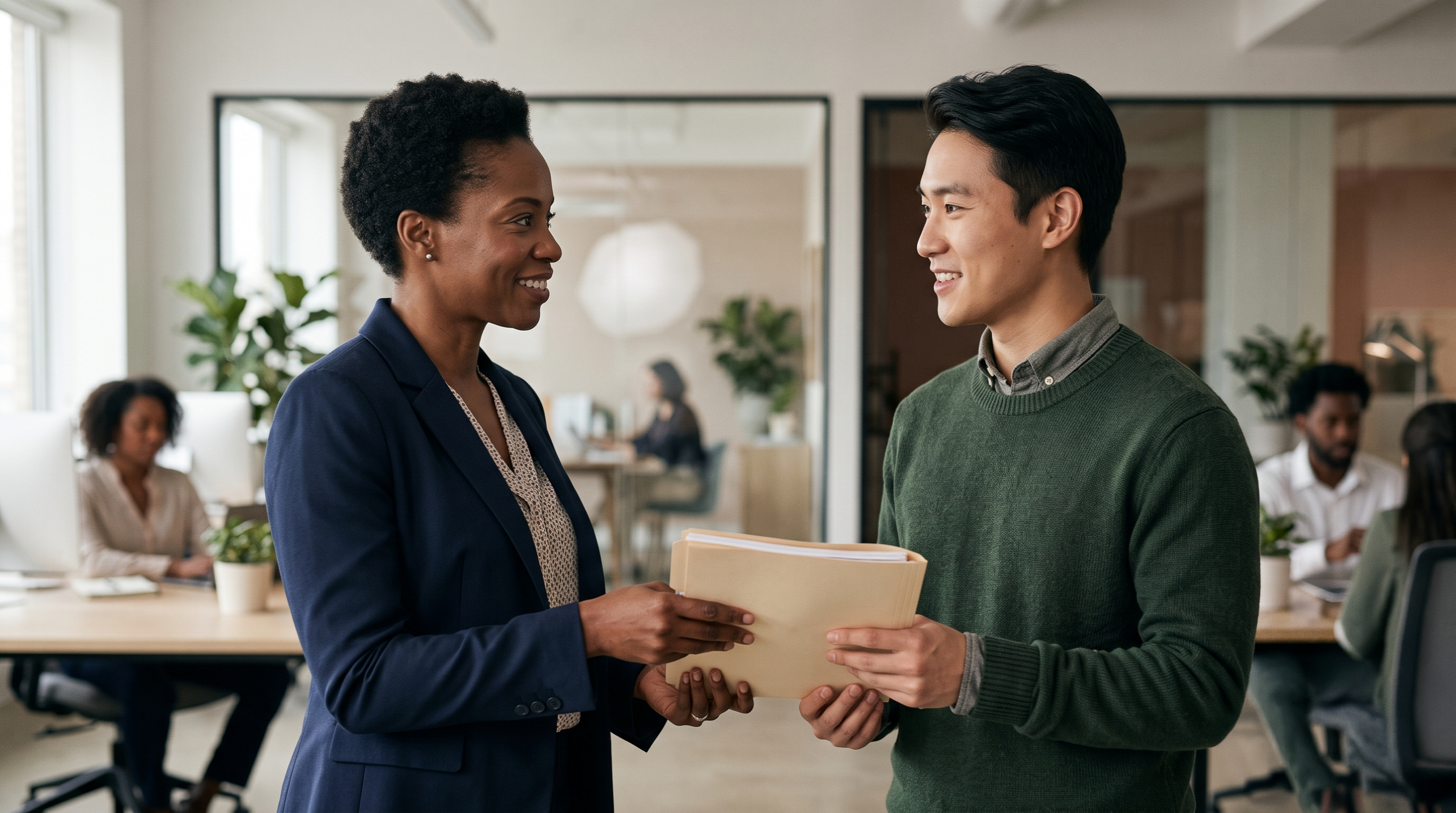 Manager handing over a project to a team member during a one-on-one conversation in a modern office